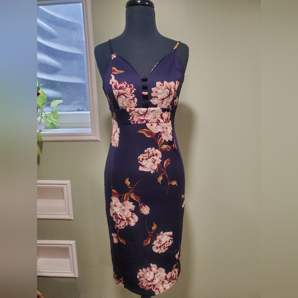 Haute Monde Navy and Pink Floral Midi Dress